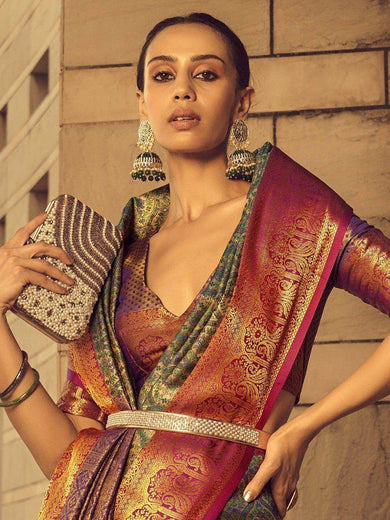 Adorable Grey Zari Weaving Silk Wedding Wear Saree With Blouse